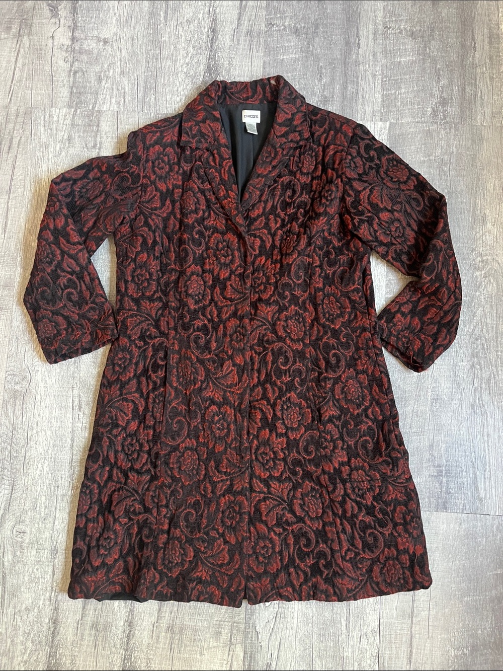 Chico's Red and Black Brocade Long Dress Coat